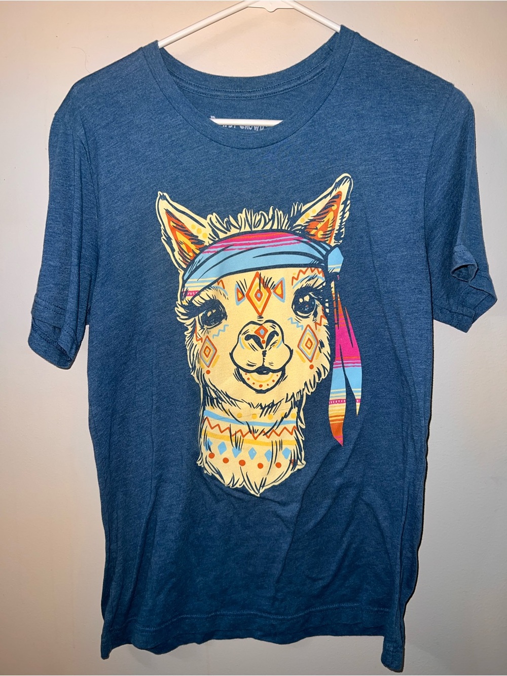 Blue Short Sleeve Tee with Colorful Llama Graphic